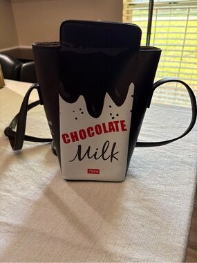 Chocolate Milk Novelty Crossbody Bag - Brown & White with Red Accent